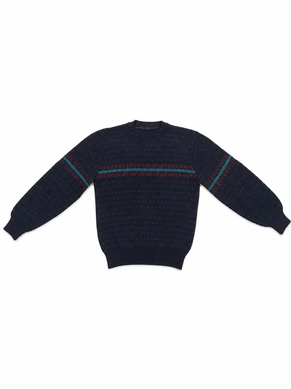 Vintage Men’s Medium Navy Knit Sweater Red Teal Pattern Crewneck Pullover